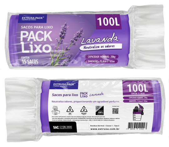 SACO DE LIXO LAVANDA 100 LITROS (75X105 CM) - FARDO COM 10 ROLOS (15 UND POR ROLO)