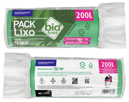 SACO DE LIXO BIOBAGS 200 LITROS VERDE (90X115 CM) - FARDO COM 8 ROLOS (15 UND POR ROLO)