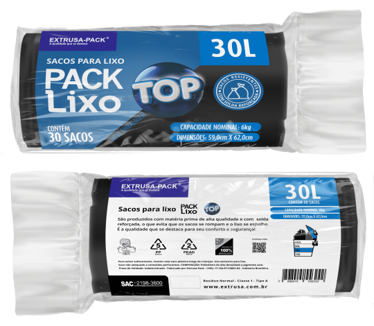 SACO DE LIXO TOP 30 LITROS PRETO (59X62 CM) - FARDO COM 10 ROLOS (30 UND POR ROLO)