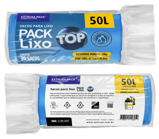 SACO DE LIXO TOP 50 LITROS AZUL (63X80 CM) - FARDO COM 10 ROLOS (30 UND POR ROLO)